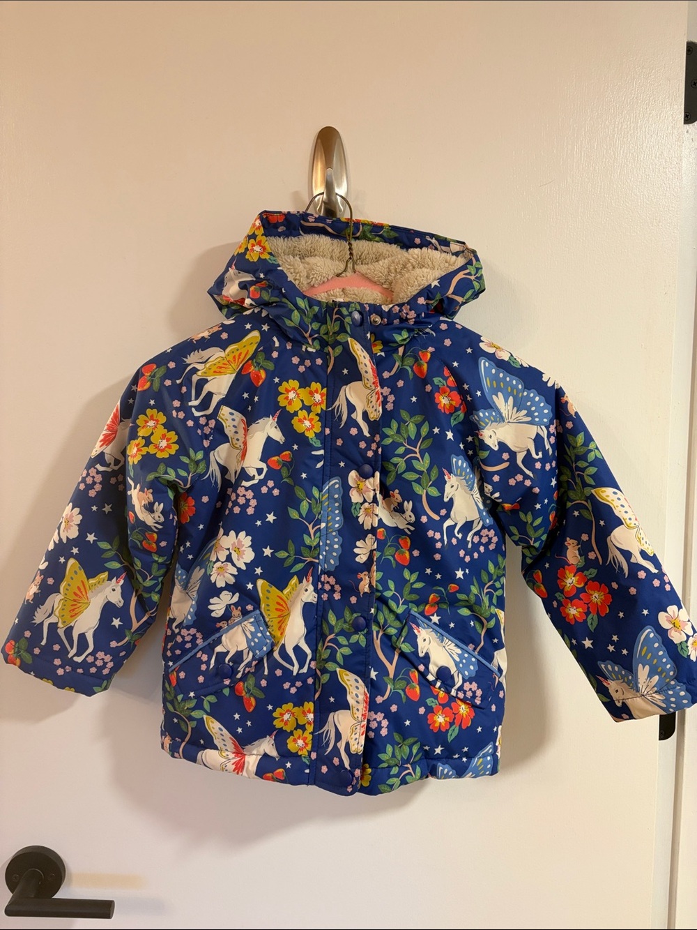 Mini Boden Blue Unicorn & Floral Coat Jacket